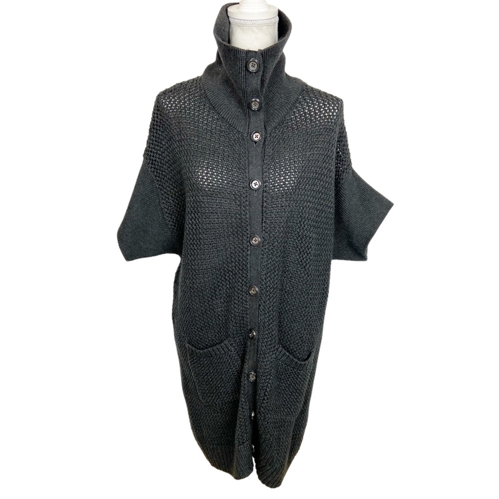 BCBG Paris Grey Waffle Knit Long Cardigan Sweater Short Sleeves Size Small - Picture 2 of 9